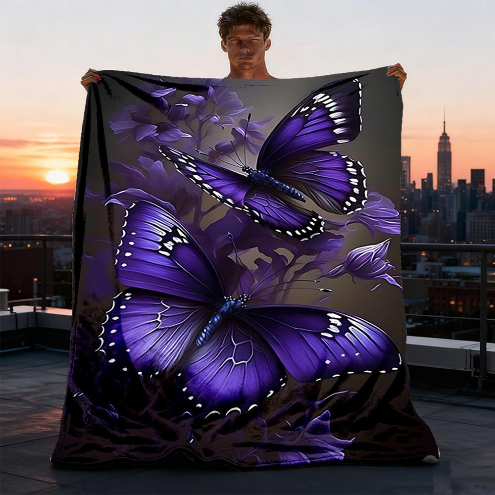 1pc Purple Butterfly Print Outdoor Flannel Blanket Soft All Season Polyester Throw , Perfect for Picnics & Travel , Picnic Accessory