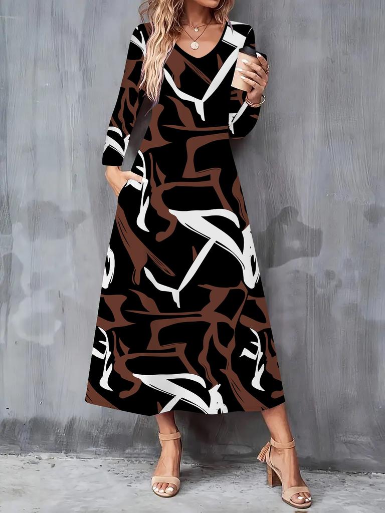 2025 Autumn and Winter New Women Casual Fashion Dress Autumn 3D Retro Print  Long Sleeve V-Neck A-Line Dresses