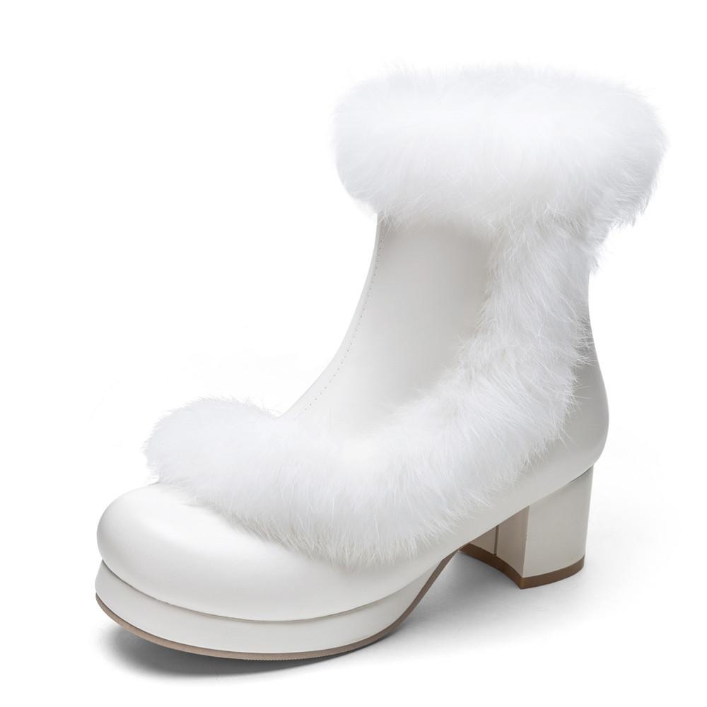 Fashion Ladies Ankle Boots Women Shoes Sweet Fur Lolita Lovely Cosplay Platform Girls Mid Heels Booties Woman Pink White Big Size 31-46