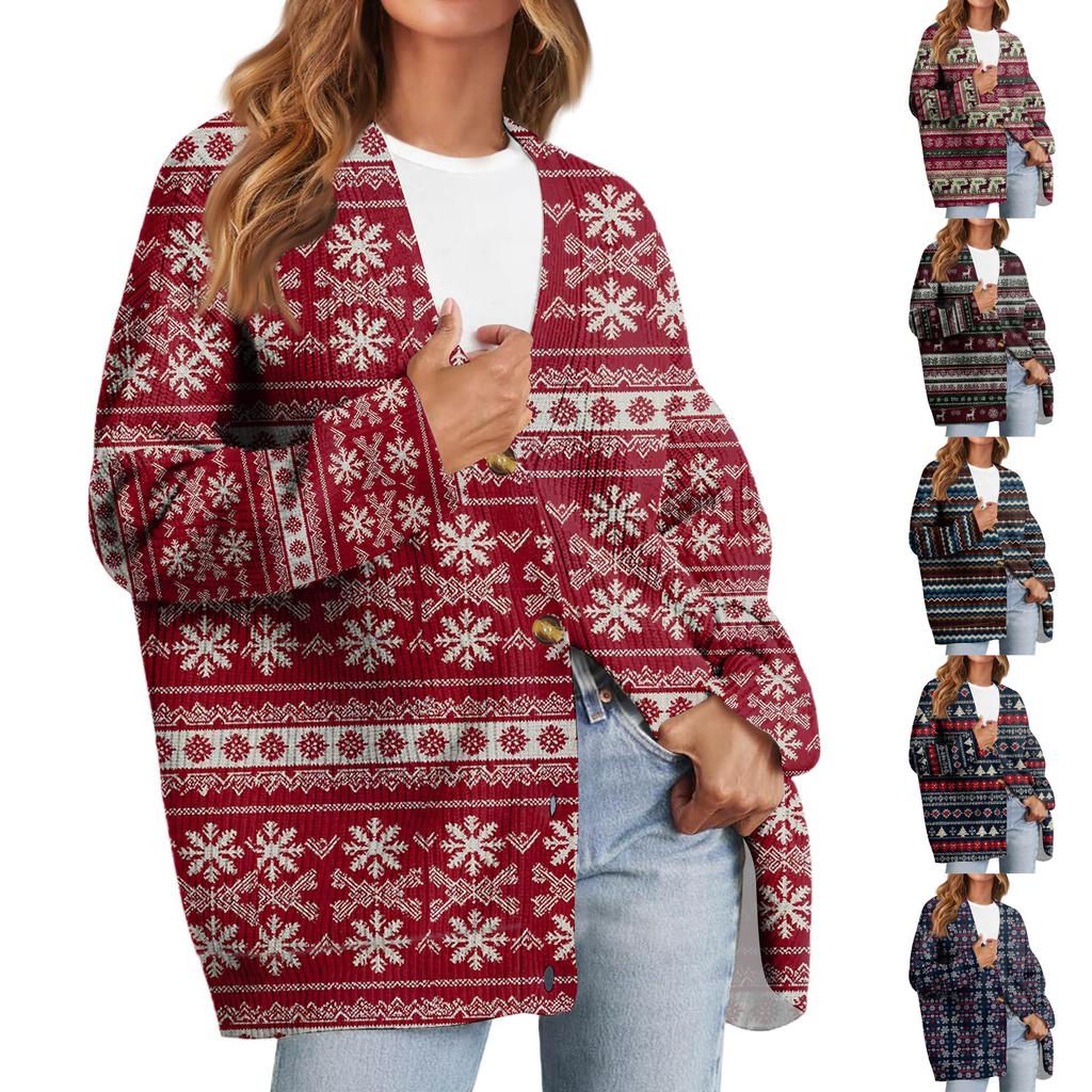 Women's Fashion Long Sleeve Christmas Print V-Neck Button Loose Cardigan Top