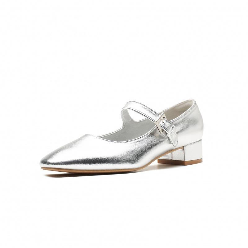 

2024 spring new French pointed silver light mouth Mary Jane single shoes women s middle heel one-word buckle belt thick heel single shoes 34 серебряный