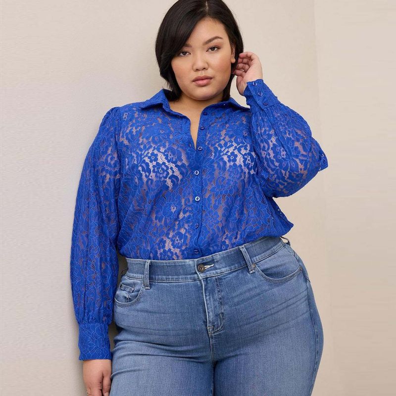 

100.00kg Fat Girl Spring/Summer Lace Shirt Crocheted Bottoming Long Sleeves plus Size Women s Blouse Slim Looking Top Shirt Export Blue 1