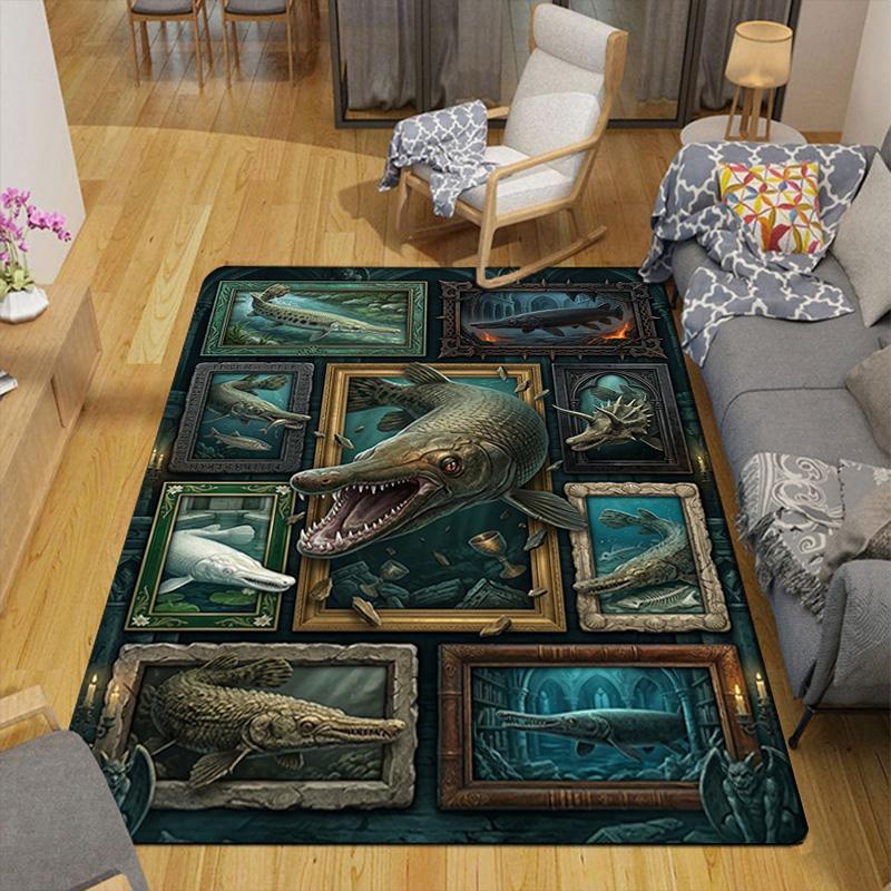 Prehistoric Fish Gallery Pattern Rug Floor Mat for Living Room or Bedroom Soft and Comfortable Carpet a Gift for Birthday and Holiday.
