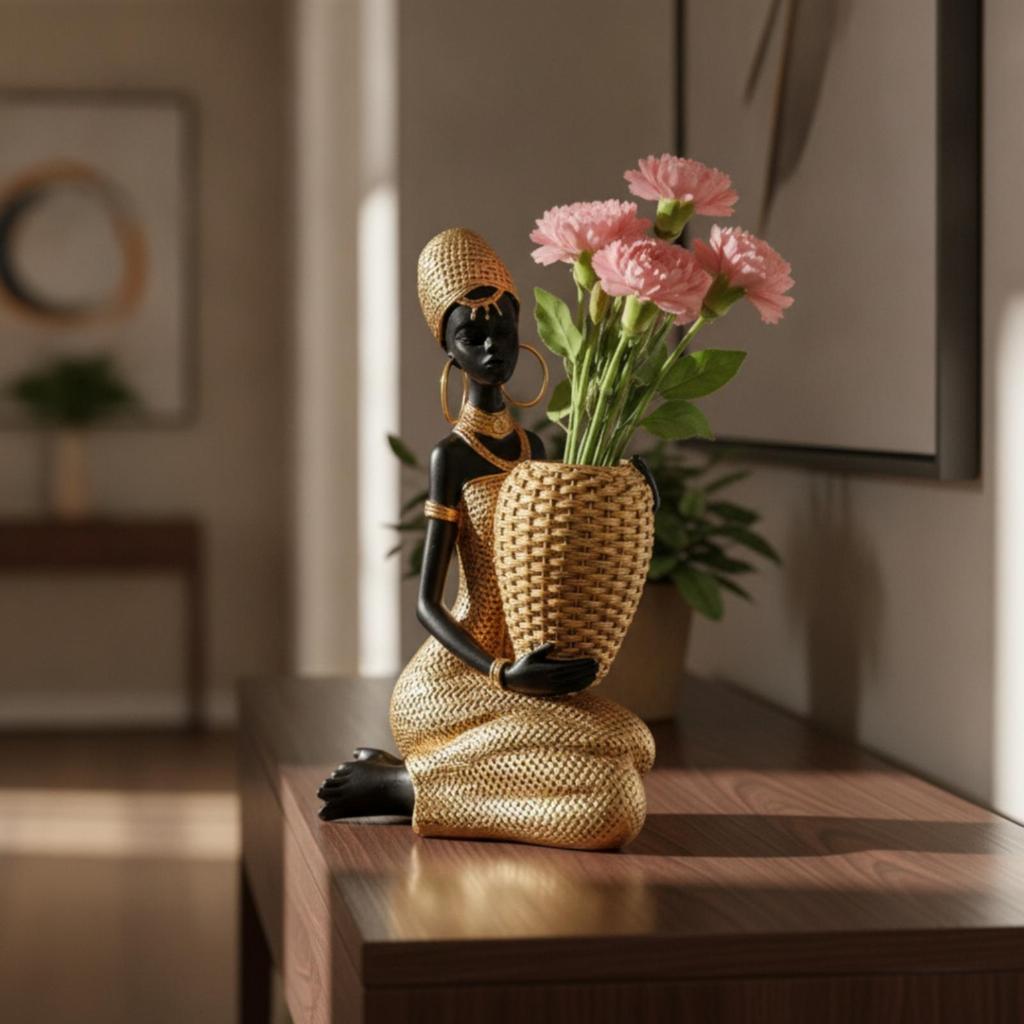 Artistic African Woman Bust with Open Bowl Resin Vase for Vanity Table Entryway
