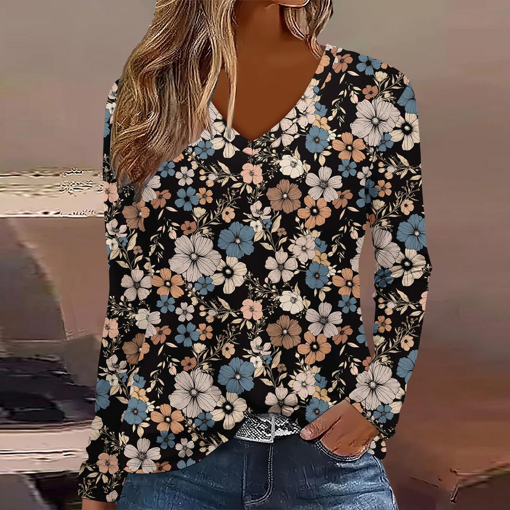 Fashion Geometry Flower Pattern 3D Print Women V-Neck Long Sleeve T-Shirt Casual Breathable Women's Clothing Apparel Tops Tees