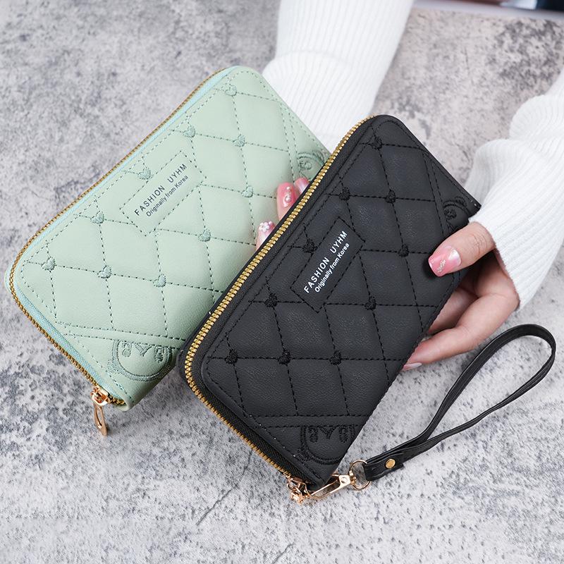 Damen Langreißverschluss-Geldbörse: Bestickte Clutch in Unifarbe, Geräumiges Münzfach, Multifunktionale Handytasche