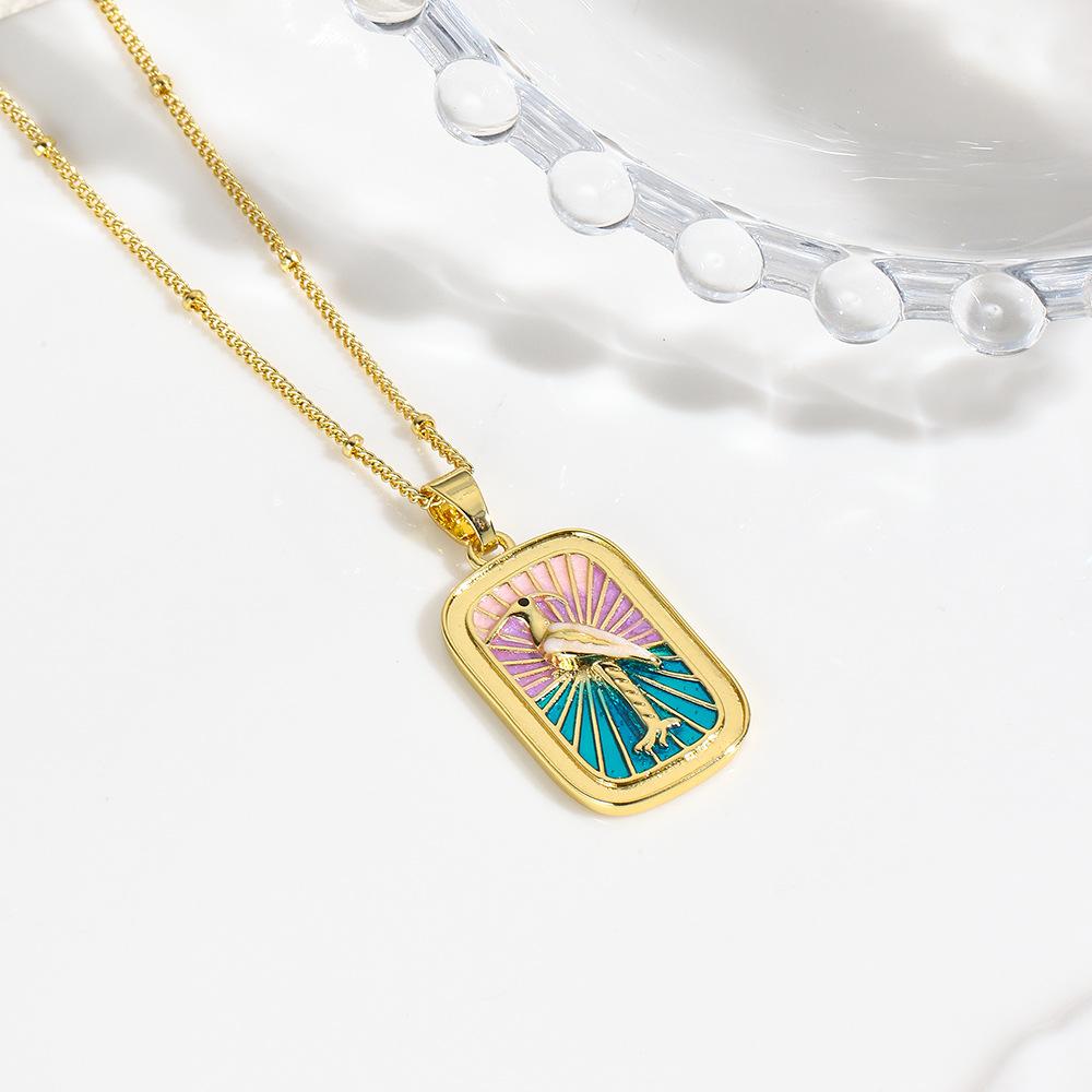 European and American Retro Copper Plated 18k Gold Coconut Tree Chrysanthemum Swan Dripping Oil Tarot Pendant Necklace Pendant