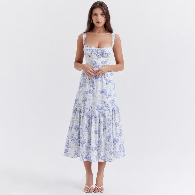 Summer Women Sleeveless Halter Square Neck Pleated Print Ankle Length Dress