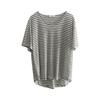 Women's Light Blue Striped V-Neck Bamboo Cotton Short-Sleeve T-Shirt - Loose Fit, Slightly Transparent
