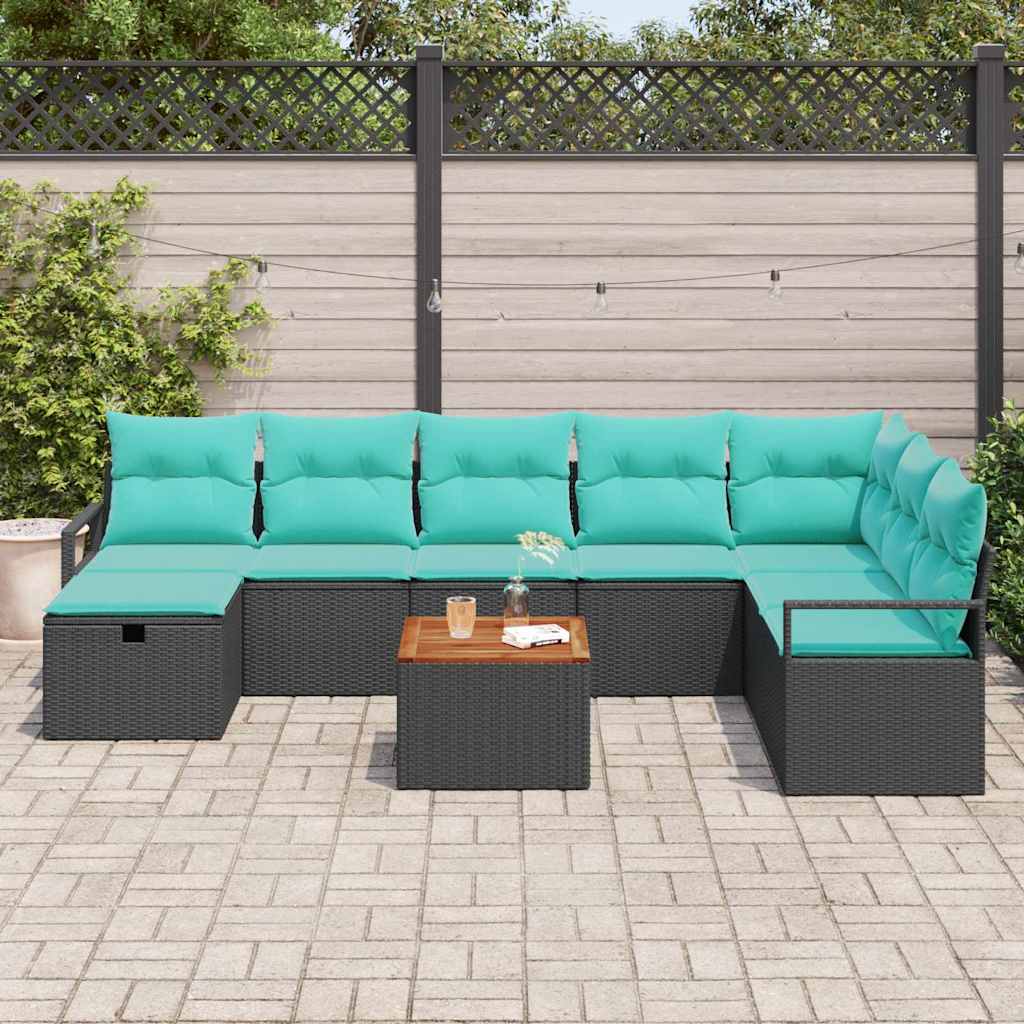 9 Piece Garden Sofa Set with Cushions Black Poly Rattan