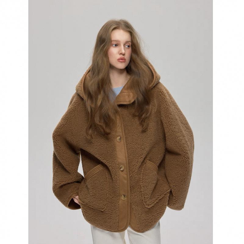2025 Fall/Winter Women's Hooded Lambswool Fur Coat - Thickened Texture & Button-Up Design