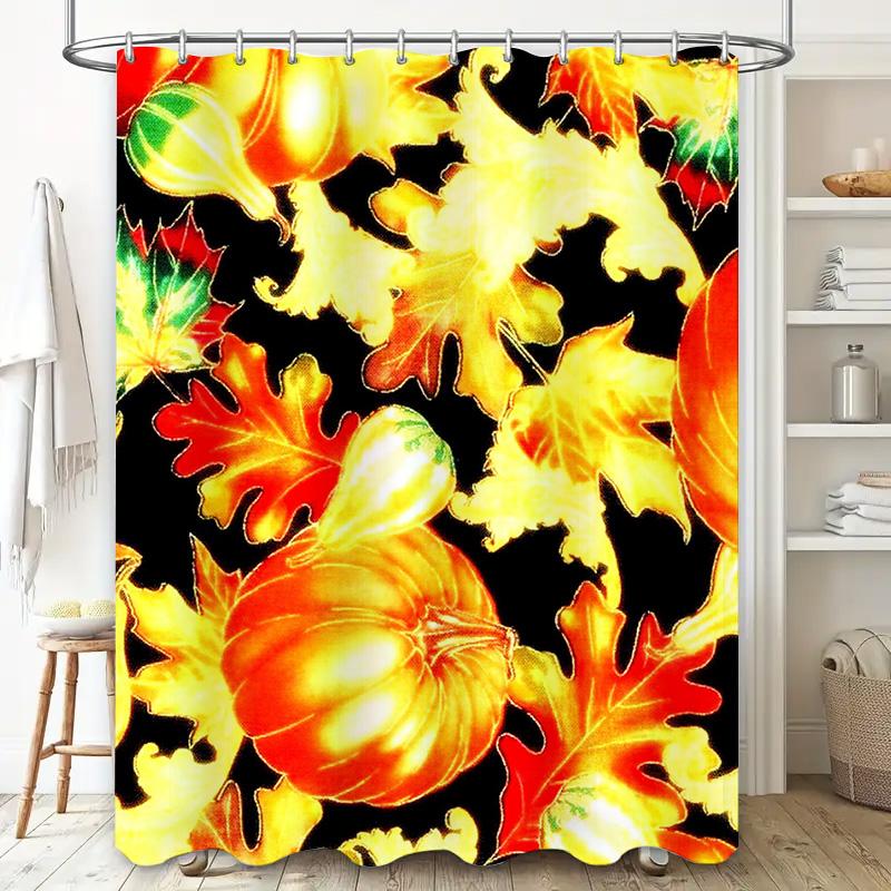 Autumn Leaves Pumpkins Shower Curtain Bath Decor with Eye-Catching Design in Red, Orange, Yellow Green Colors for Bathroom Home