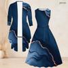 Women Plus Size Blue Marble Printed Two Piece Set Sleeveless Tie Waist Flared Dress Three Quarter Sleeve Cardigan