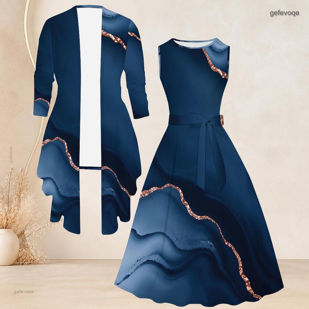 Women Plus Size Blue Marble Printed Two Piece Set Sleeveless Tie Waist Flared Dress Three Quarter Sleeve Cardigan