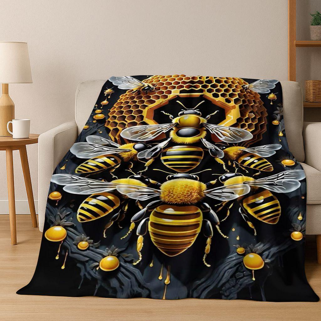 Cute Cartoon Bee HoneyBee Insect Art Flannel Blanket,Cozy Soft Throw Blanket for Home Bedroom Bed Sofa Picnic Cover Gift Kids