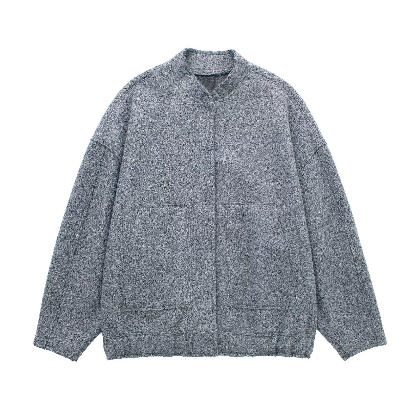 

Женская куртка-бомбер однотонного цвета с карманами Осень/Зима 2023: Европейский и американский повседневный свободный крой Extra Small серый