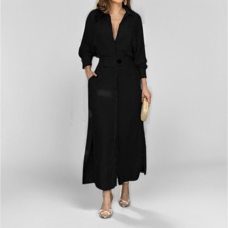 Spring Autumn Polo-neck Elegant Fashion Waist Dress Women Long Sleeve Solid Color Casual Robe Vestidos