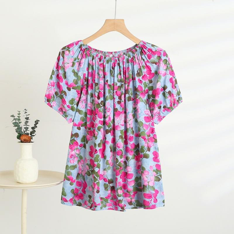 A One-shoulder Short-sleeved T-shirt for Women In Summer, A Thin, Floral, Large-sized, Slimming, Casual Base Layer