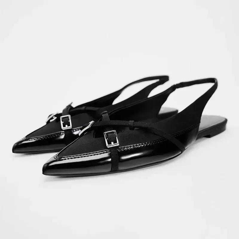 Черные женские мюли на перекрестных ремешках Весенняя обувь Туфли-лодочки с острым носом из лакированной кожи Офисные туфли-слингбэки Женские балетки 42 чёрный