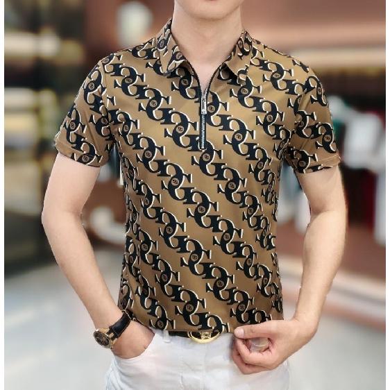 2025 Summer Trendy Casual Men's Versatile Half-Zip Polo Shirt Slim Fit Fashion Short Sleeve Simple Letter T-Shirt