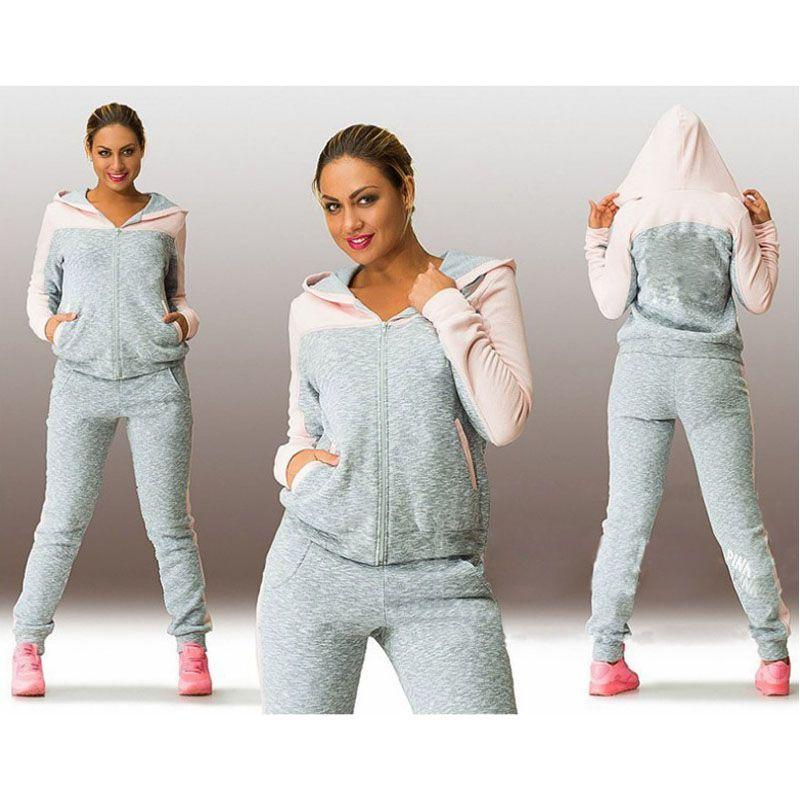 Elegant Splicing Contrast Color Sweater Sports Suit 2pcs Pullover Hoodie Sweatshirt