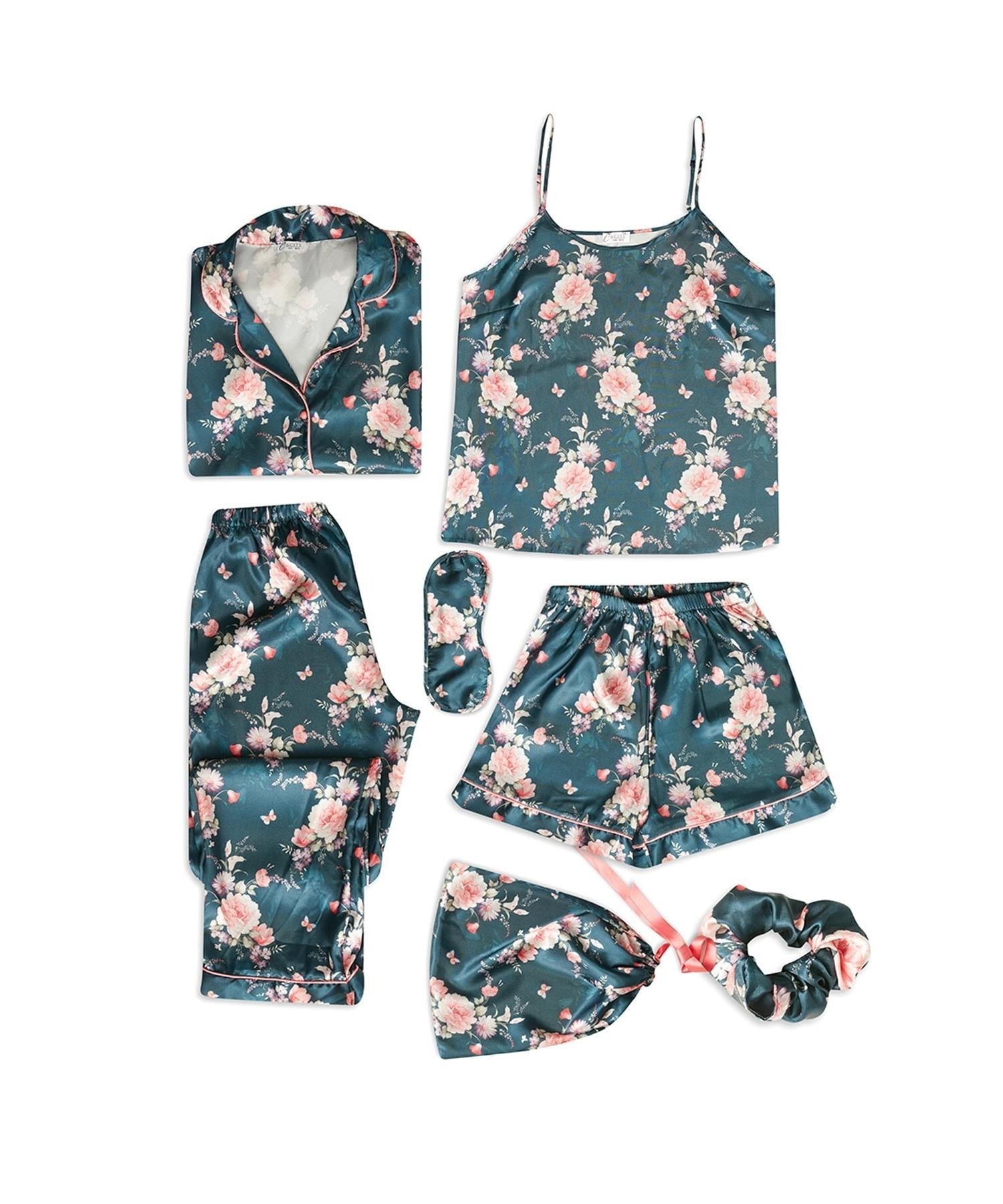 

Сатиновый пижамный комплект из 7 предметов с узором 9550 Petrol Green