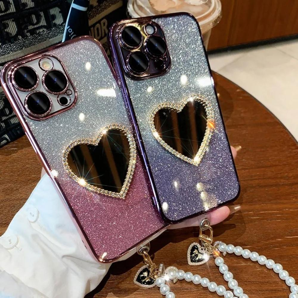 Πολυτελής Θήκη Τηλεφώνου με Καθρέφτη Αγάπης με Διαμάντια Για Xiaomi Redmi Note 14 13 Pro Plus 5G 4G 14S 14 13 Pro Κρεμαστό Σχοινί με Μαργαριταρένια Καρδιά