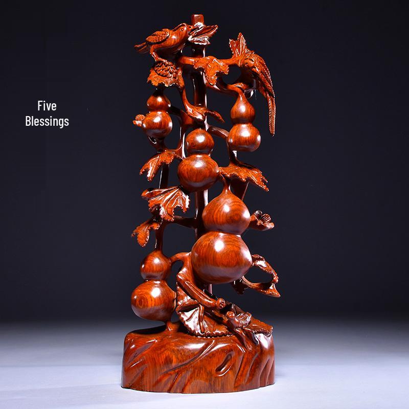 Karin Wood Carved "Five Blessings" Gourd Ornament - Chinese Root Carving Decoration, Ideal for Opening Ceremonies or Housewarming Gifts