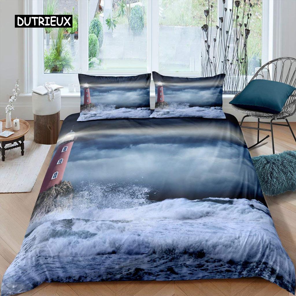 Lighthouse Duvet Cover Set Nautical Surfing Ocean Wave Bedding Set Queen Polyester Coastal Nature Theme Quilt Cover for Kids Boy