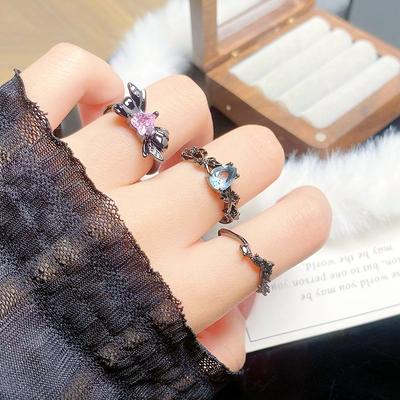 Dark Punk Personality Bow Love Zircon Stacked Open Ring Niche Genderless Style High Sense Ring
