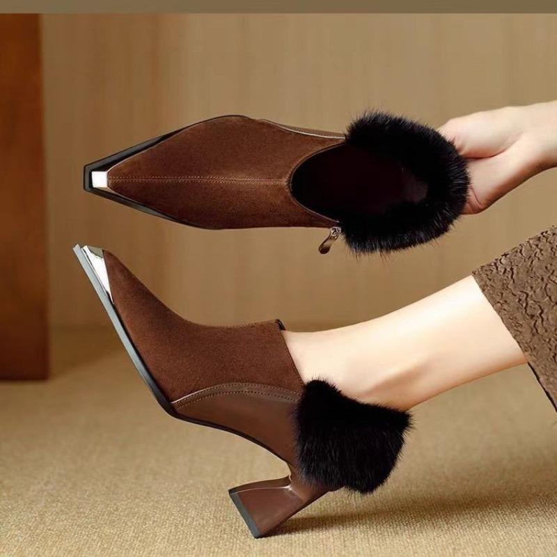 Autumn New Coarse Heel Shoes Women Metal Pointed Side Zipper Anti-slip Wear-resistant Plush Low-top Shoes