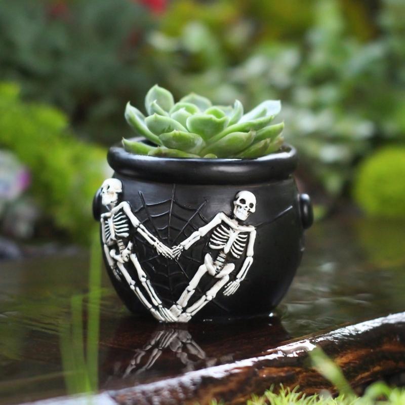 Gothic Succulents Planter, Halloween Skull Cauldron Pot In Resins for Table Decors, Small Flower Container for Shelf and Window Display