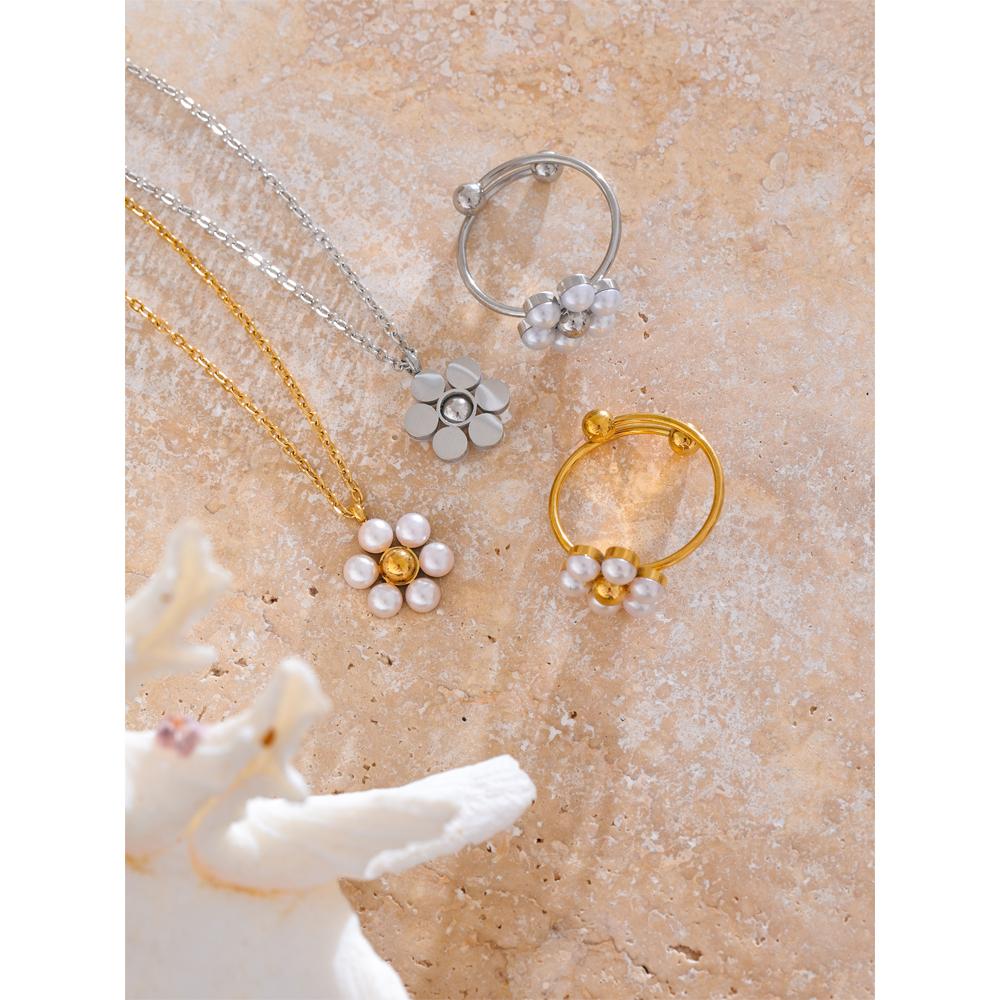 Yhpup Fashion Imitation Pearls Flower Pendant Necklace Ring for Women Chic Stainless Steel Daily Wear Jewelry Wholesale Women