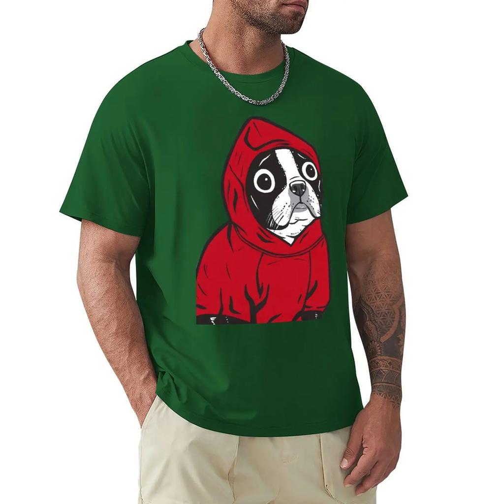 Funny Boston Terrier In A Red Hoodie French Bulldog T-Shirt Men O Neck Pure Cotton T Shirts Funny Dogs Tees Clothing