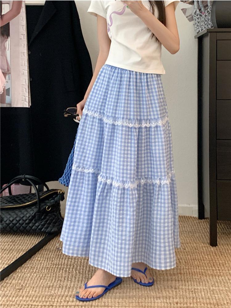 

Preppy Youthful Fresh Sweet Blue Checkered Tiered Skirt for Women Spring Lace Trim A Line Casual All Match Versatile Long Skirt XS