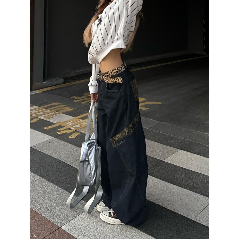Retro Lampart Łączone Spodnie Cargo Damskie Y2k Hip Hop Causal Luźne Kieszenie Koreańskie Szerokie Nogawki Spodnie Jeansowe Harajuku Szyk Spodnie
