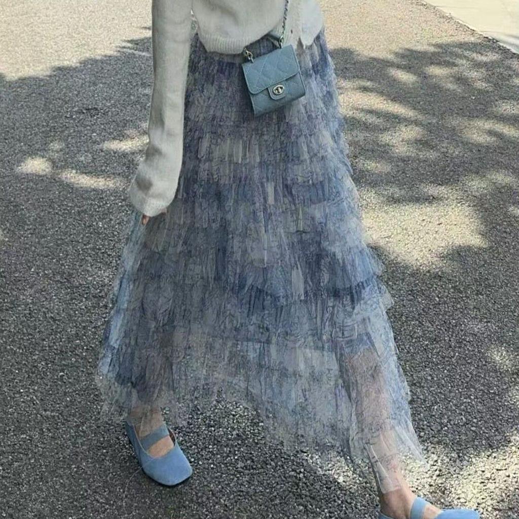 Vintage High Waist Ink Wash Versatile Slimming Puff Long Tiered Skirt Spring Summer Printed Tulle Midi Skirt for Women