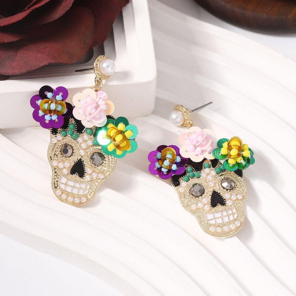 Personality Vintage Earring Rhinestone Glitter Skeleton Stud Earrings  Women