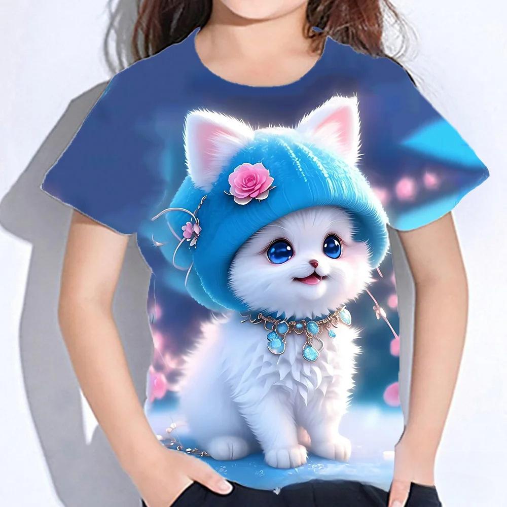 Summer Round Neck 3D Cat Printed Top Fashionable Casual Short Sleeved Children's Girl T-shirts