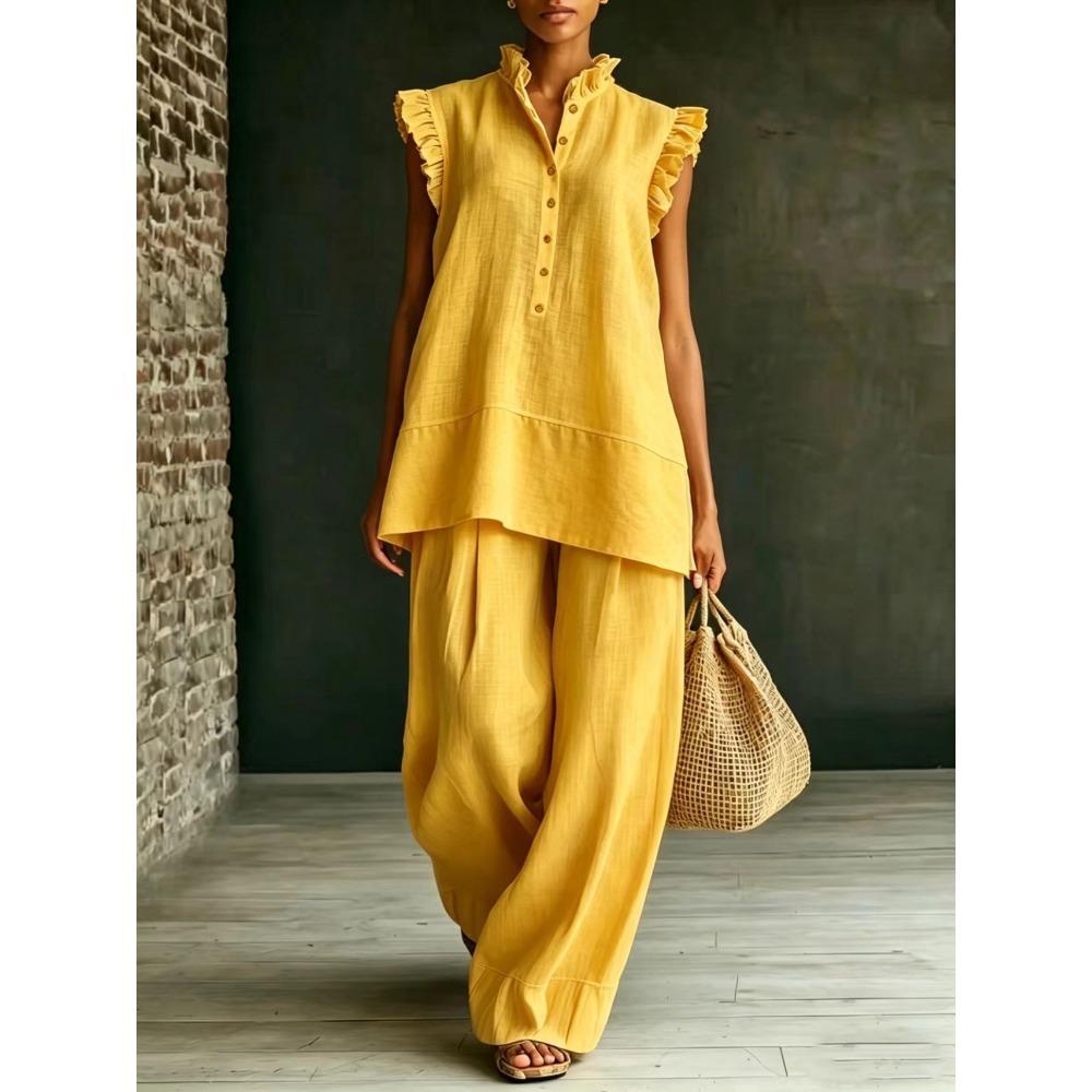 Women s Ruffle Trim 2 Piece Outfit Sleeveless Button Blouse and Wide Leg Pants Set S жёлтый