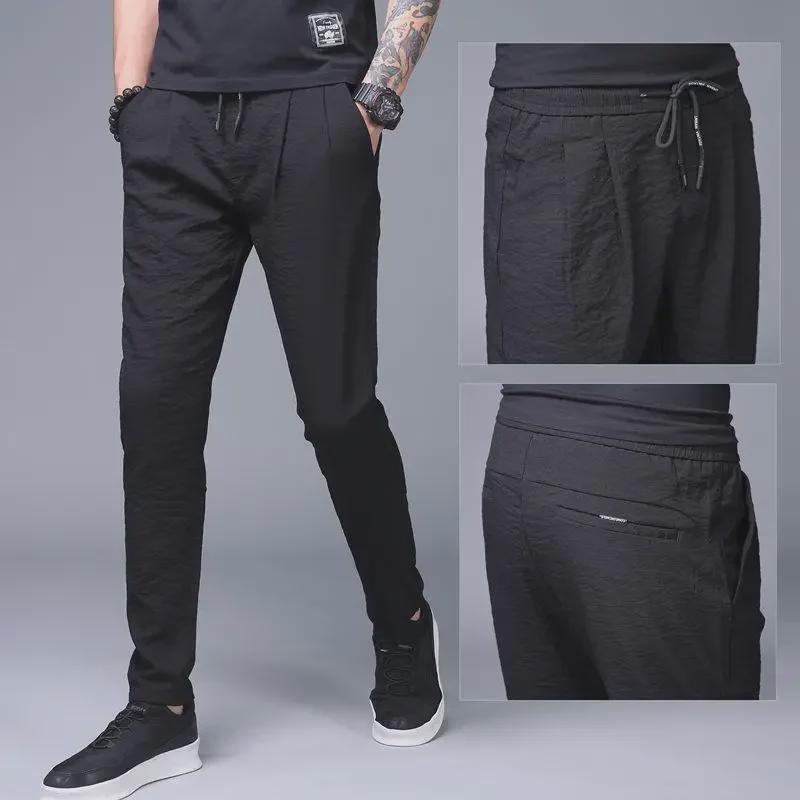 2023 Men's Loose Ice Silk Pants: Lightweight Korean-Style Trendy Summer Casual Straight Nine-Point Trousers.