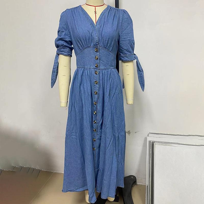 Fashion Sexy V-neck Denim Dress Women's Single Breasted Half Sleeved A-line Dress Solid Color Commute Minimalist Dresses Spring and Summer New