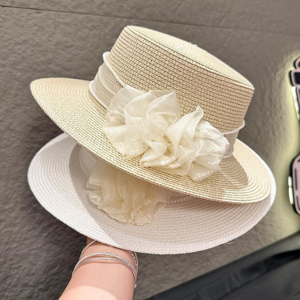 Summer Straw Hat French Flat Top Beach Sun Cap, New Fashion Wide Brim Sanya Holiday Hat, Elegant Fedora