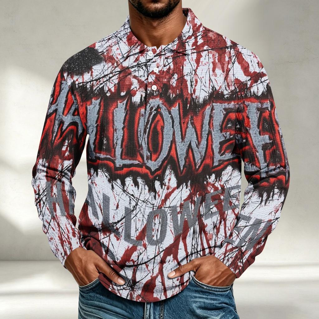 Men's Casual Halloween Print Long Sleeve Shirt Loose Fit