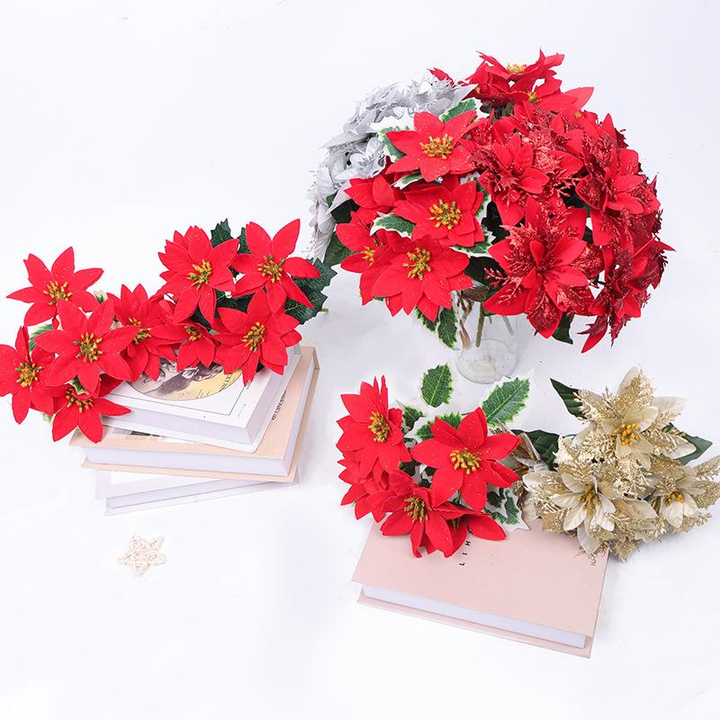 Christmas Flower Fake Flower Christmas Decoration, Flannel Green Plant Potted Christmas Ornament Christmas 5 Fork Artificial Flower