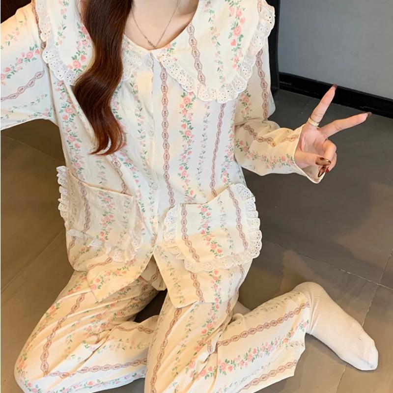 Pijamale de damă romantice estetice cu flori și dungi, elegante retro franțuzești cu dantelă, îmbrăcăminte de noapte de primăvară pentru acasă, bumbac nor moale