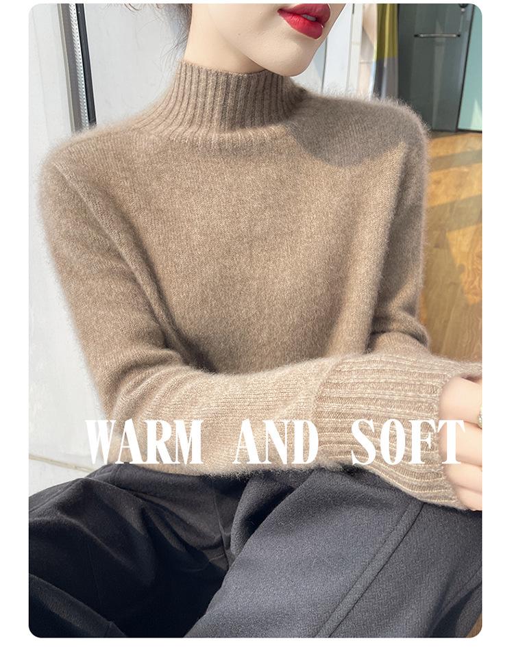 Women's Autumn/Winter Wool Sweater, Half High Neck, Loose Fit, Knit Base Layer, Seven Gauge, Thickened