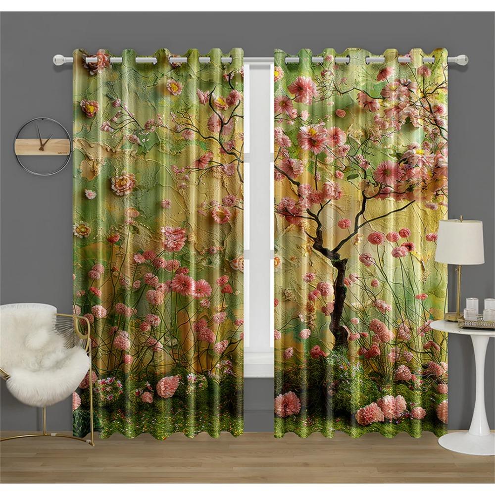 Colorful Rich Flowers Pattern Curtains Green and Peach Flowers Kitchen Decor Curtains Bedroom Living Room Window Decor 2 Panels