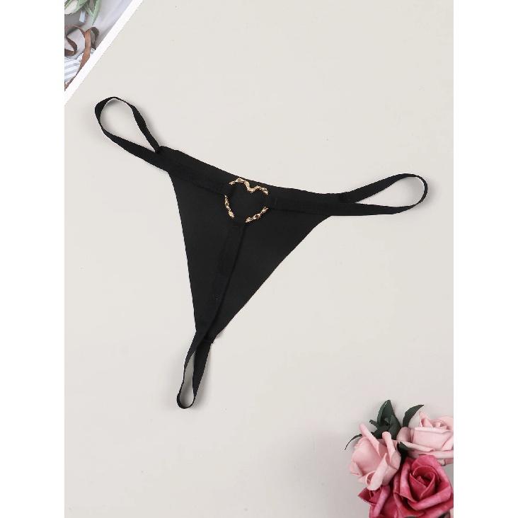 Women's Sexy Panties Thong Metal Decoration At The Back G-Strings Low Rise Brief Solid Black Underwear