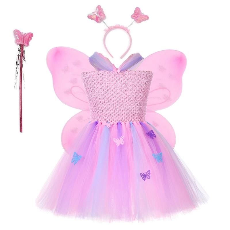 4Pcs Fairys Princess Costume Set with Butterfly Wing Angel Wand Tutus Dress Headband for Kids Little Girls